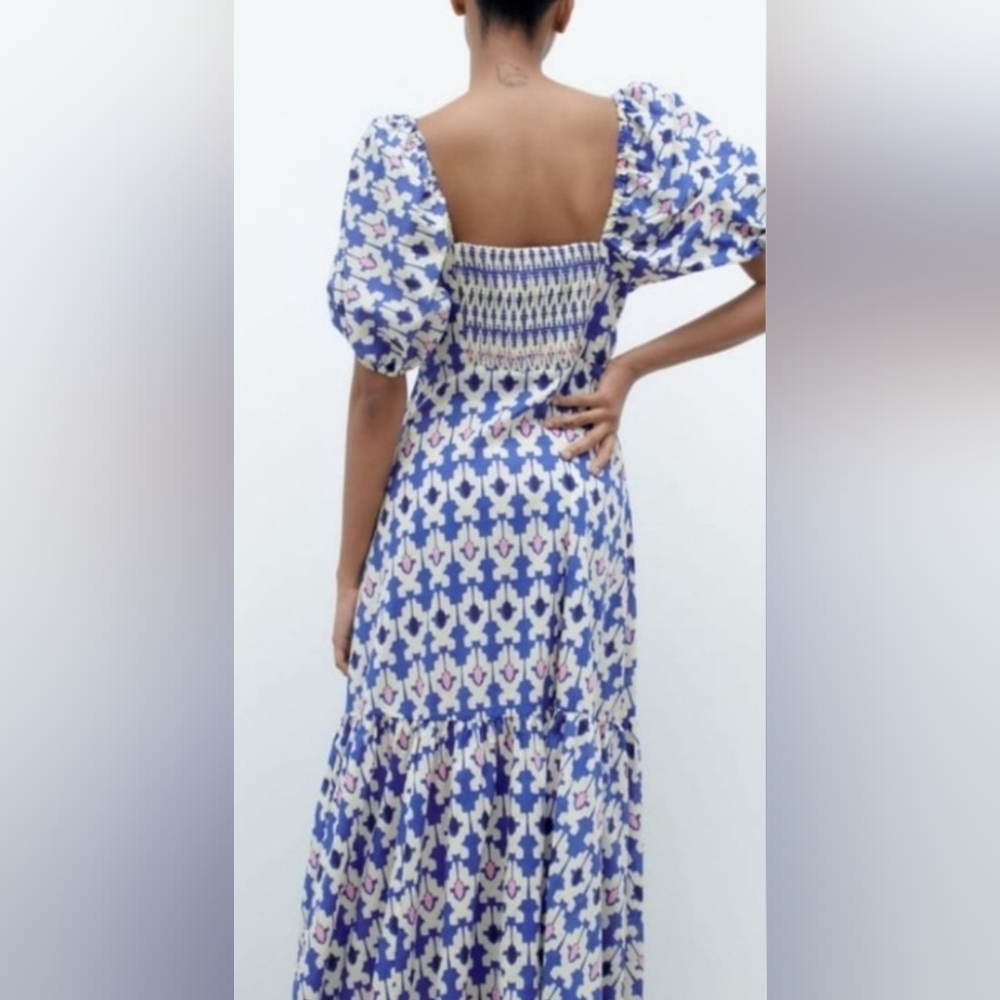 Zara Women's Geometric Pattern Maxi Dress | Blue Cream Pink | Size Medium - Picture 2 of 8
